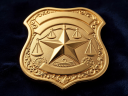 Glistening neon-trimmed deputy marshal star badge representing safe cosmic exploration protocols